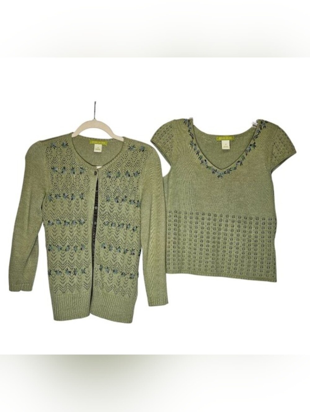 Sigrid Olsen XS Green Beaded Knit Twinset Cardigan Cap Sleeve Top Silk Blend